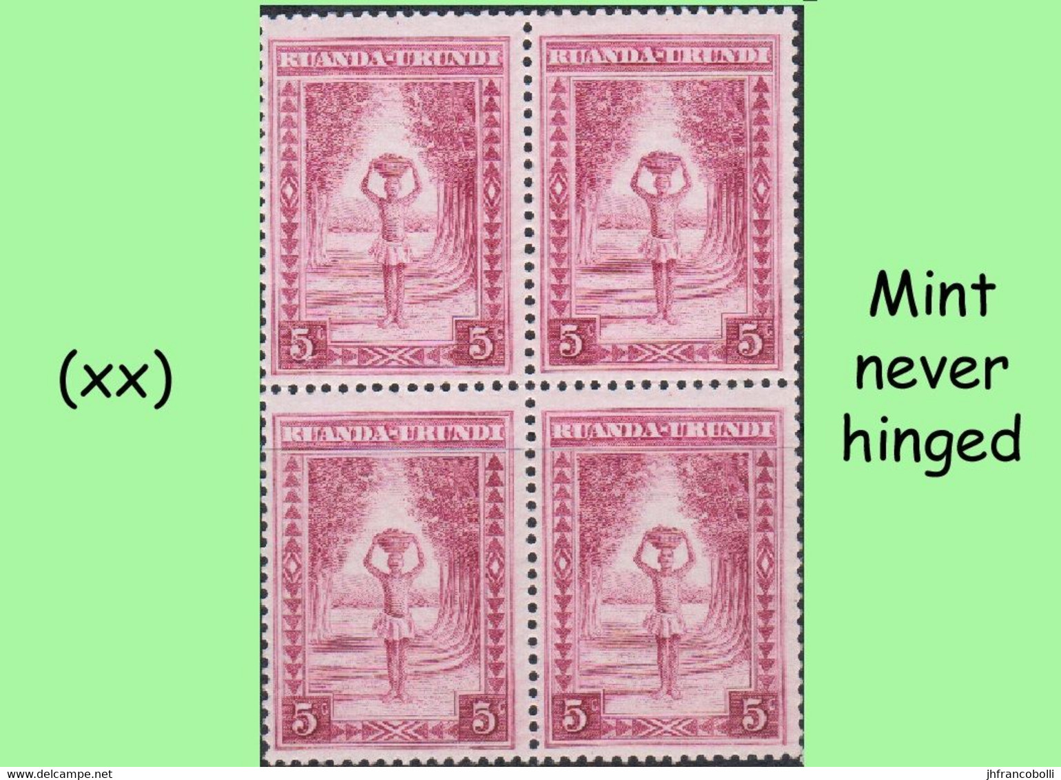 1937 ** RUANDA-URUNDI RU111 MNH ETHNIC SET -2-  BOY WITH JAR ON HIS HEAD ( BLOCK X 4 STAMPS WITH ORIGINAL GUM ) - Unused Stamps