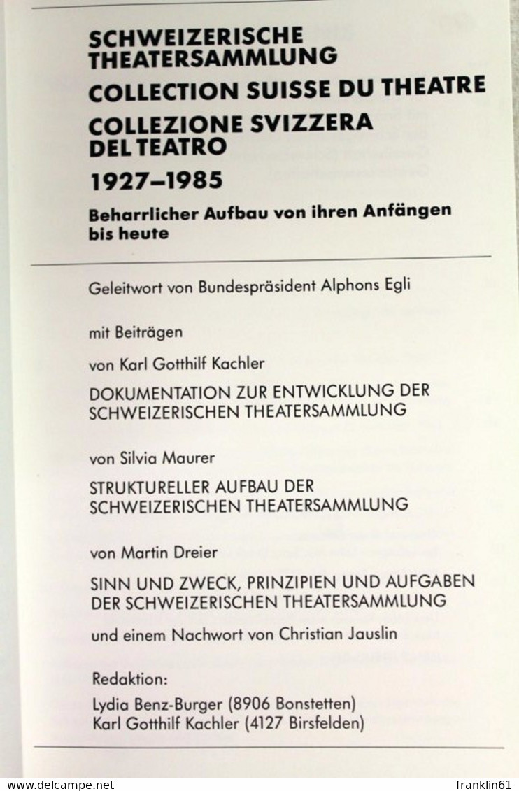 Schweizerische Theatersammlung 1927 - 1985. - Théâtre & Danse