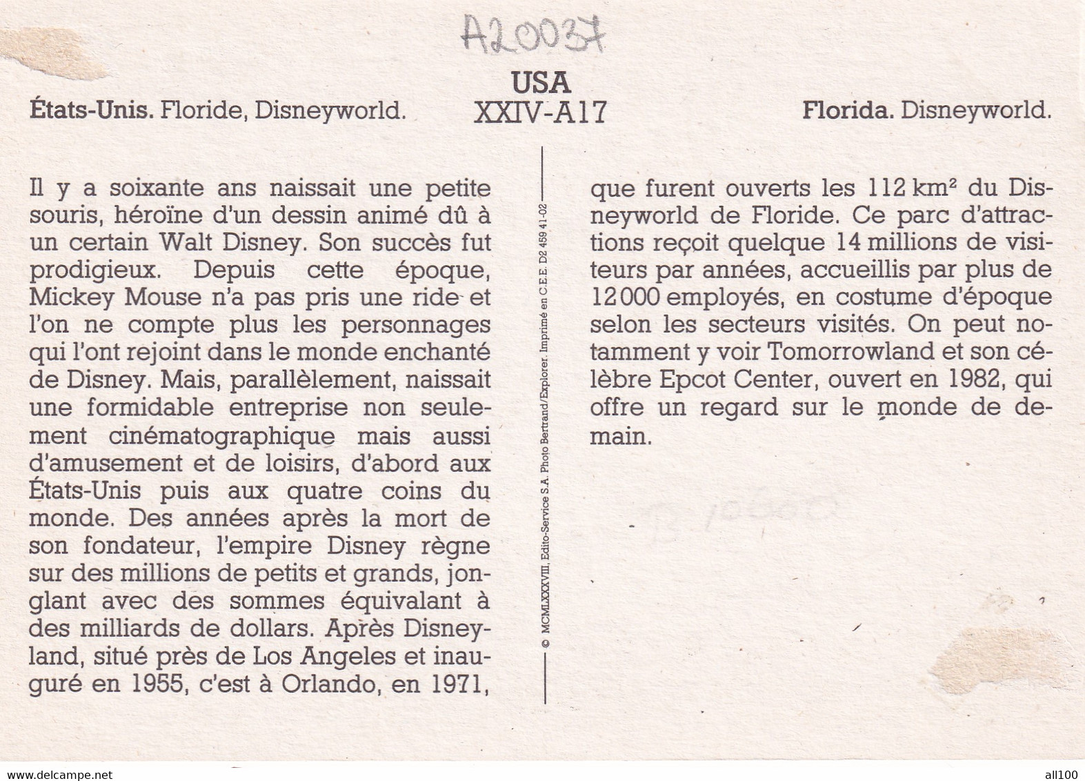 A20037 - FLORIDA ORLANDO DISNEYWORLD USA UNITED STATES OF AMERICA BERTRAND EXPLORER IMPRIME EN CEE - Orlando