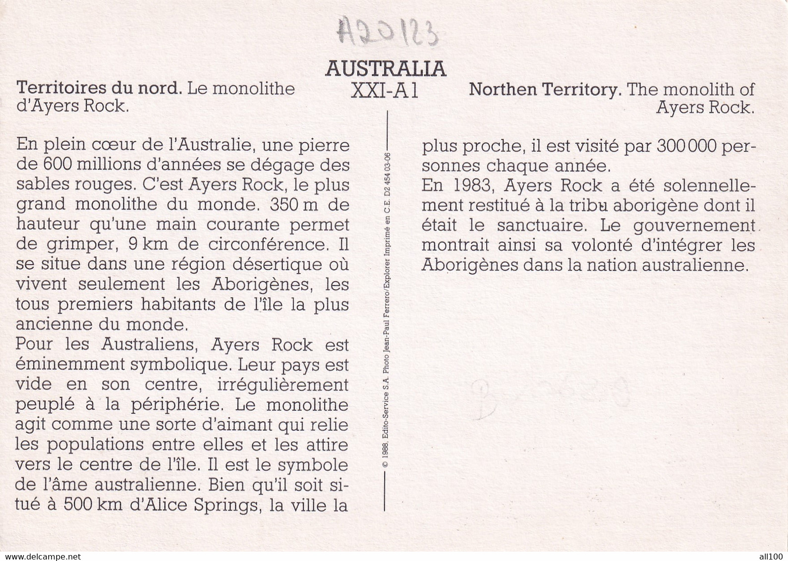 A20123 - ULURU NORTHEN TERRITORY THE MONOLITH OF AYERS ROCK LE MONOLITHE AUSTRALIA FERRERO EXPLORER IMPRIME EN CEE - Uluru & The Olgas
