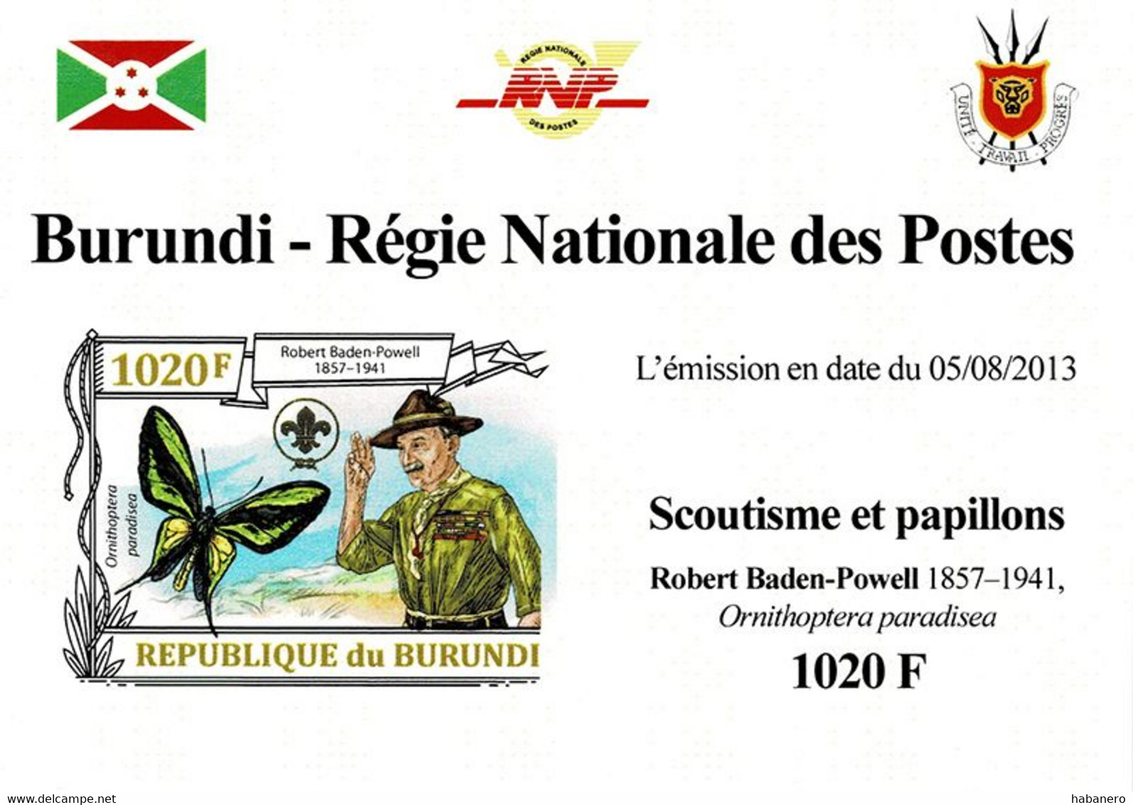 BURUNDI 2013 Mi 3153B PARADISE BIRDWING BUTTERFLY & SCOUTING MINT IMPERFORATED MINIATURE SHEET ** - Blocchi & Foglietti