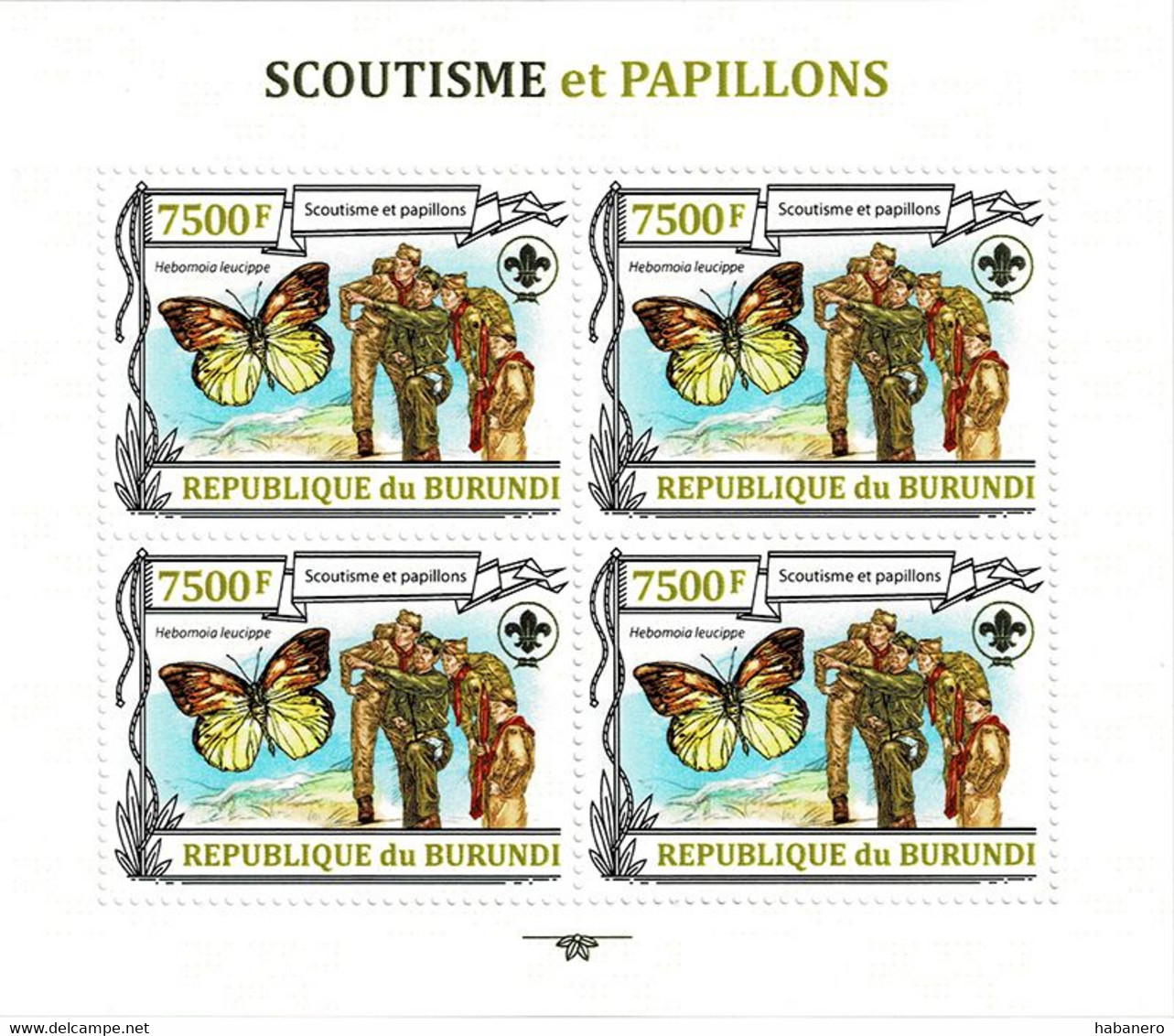 BURUNDI 2013 Mi 3157A KLB HEBOMOIA LEUCIPPE BUTTERFLY & SCOUTING MINT MINIATURE SHEET ** - Blocks & Sheetlets