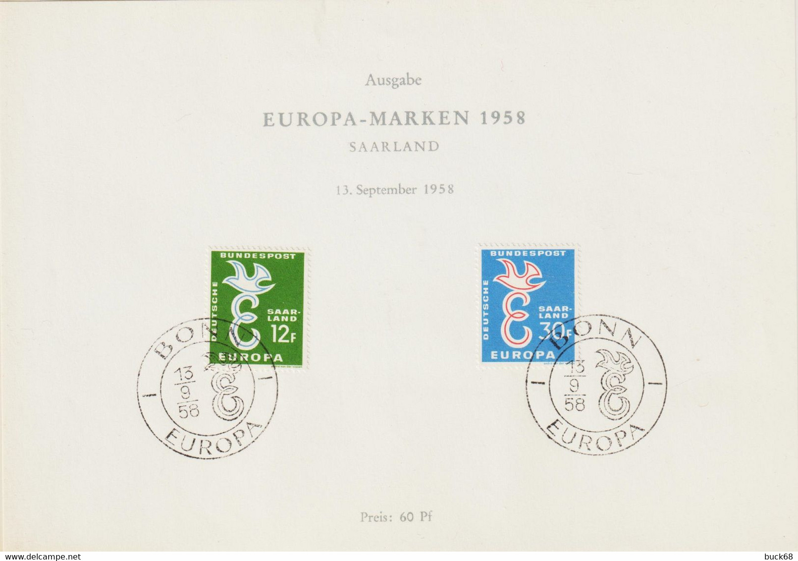 SAARLAND SARRE 421 422 FDC Ersttag 1er Jour Bonn Europa 13 Septembre 1958 Michel 439 440 - FDC