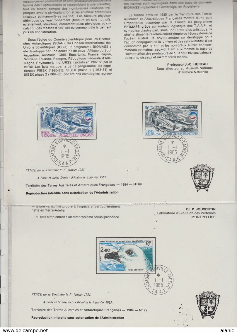 TAAF DOCUMENTS PHILATELIQUES: LOT DE 8+1   // ANNEE 1985 N° 109+111+112+113/14 PA N°88/89/119 &LE BLOC N°2 - Collections, Lots & Series