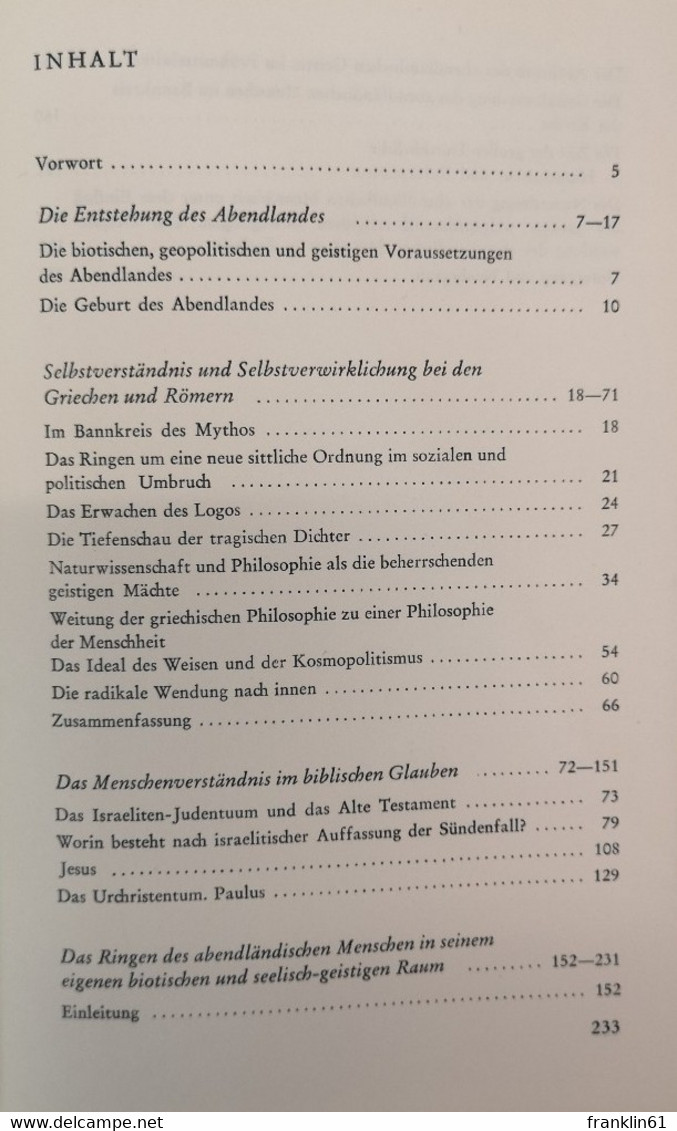 Der Abendländische Mensch. Selbstverständnis Und Selbstverwirklichung. - Philosophie