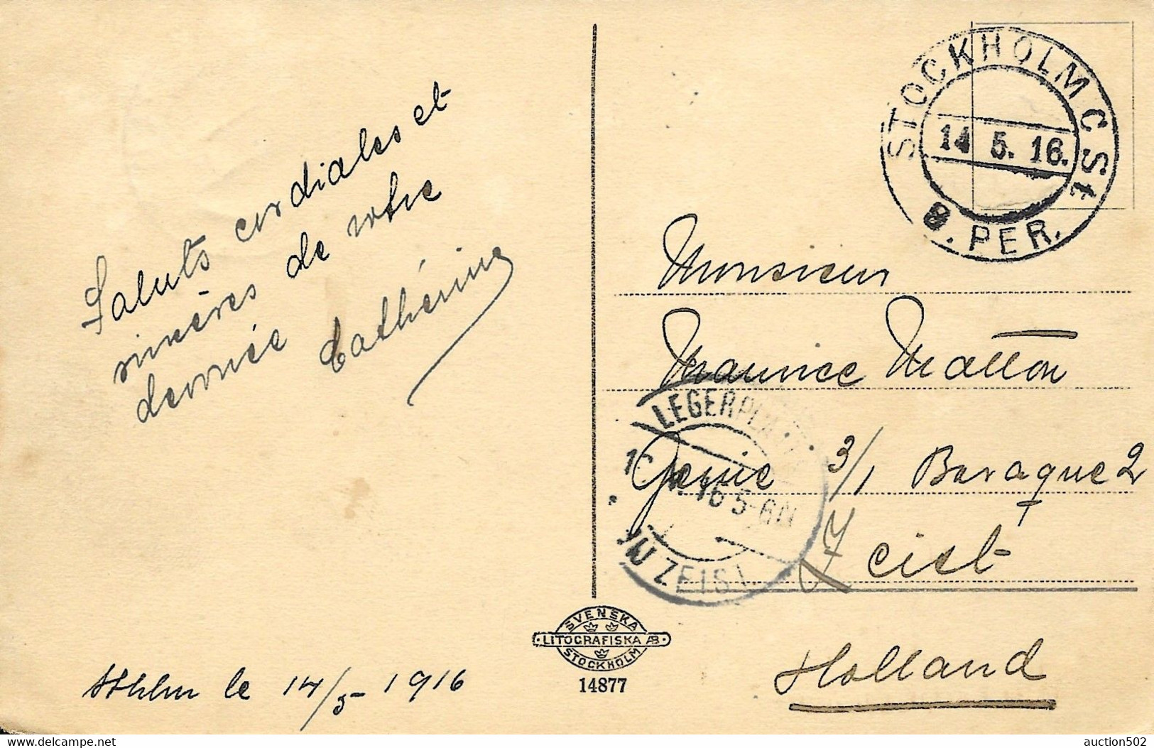 2422PR/ Sweden PC From Stockholm 1916 > POW Camp De Zeist Arrival Cancellation Legerplaats Zeist - Prisonniers