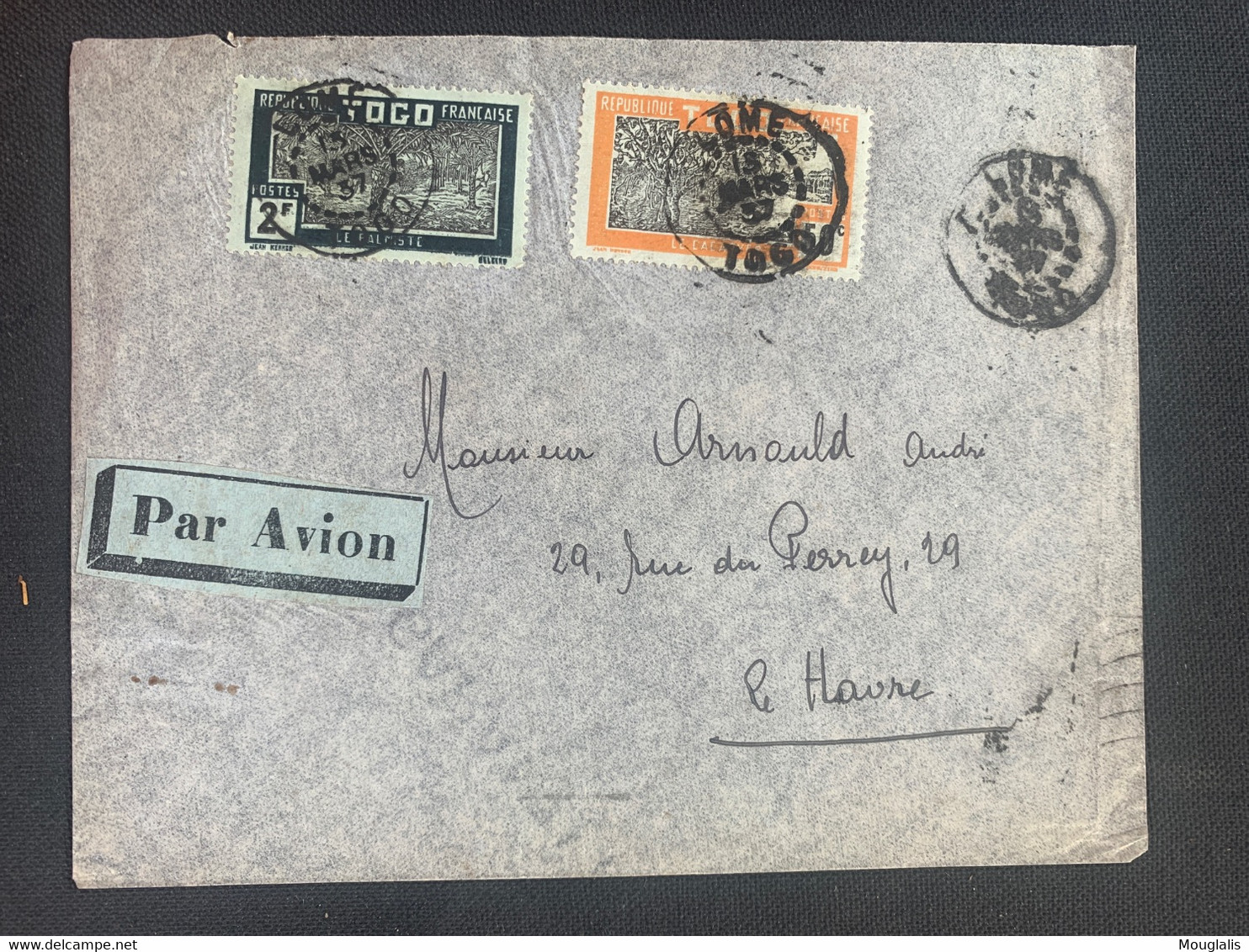 Lettre Colonies LOMÉ Pour Le Havre étiquette Par Avion T. Togo No 136,142 13 Mars 1937 Au Dos Paris RP Avion Marcophilie - Briefe U. Dokumente
