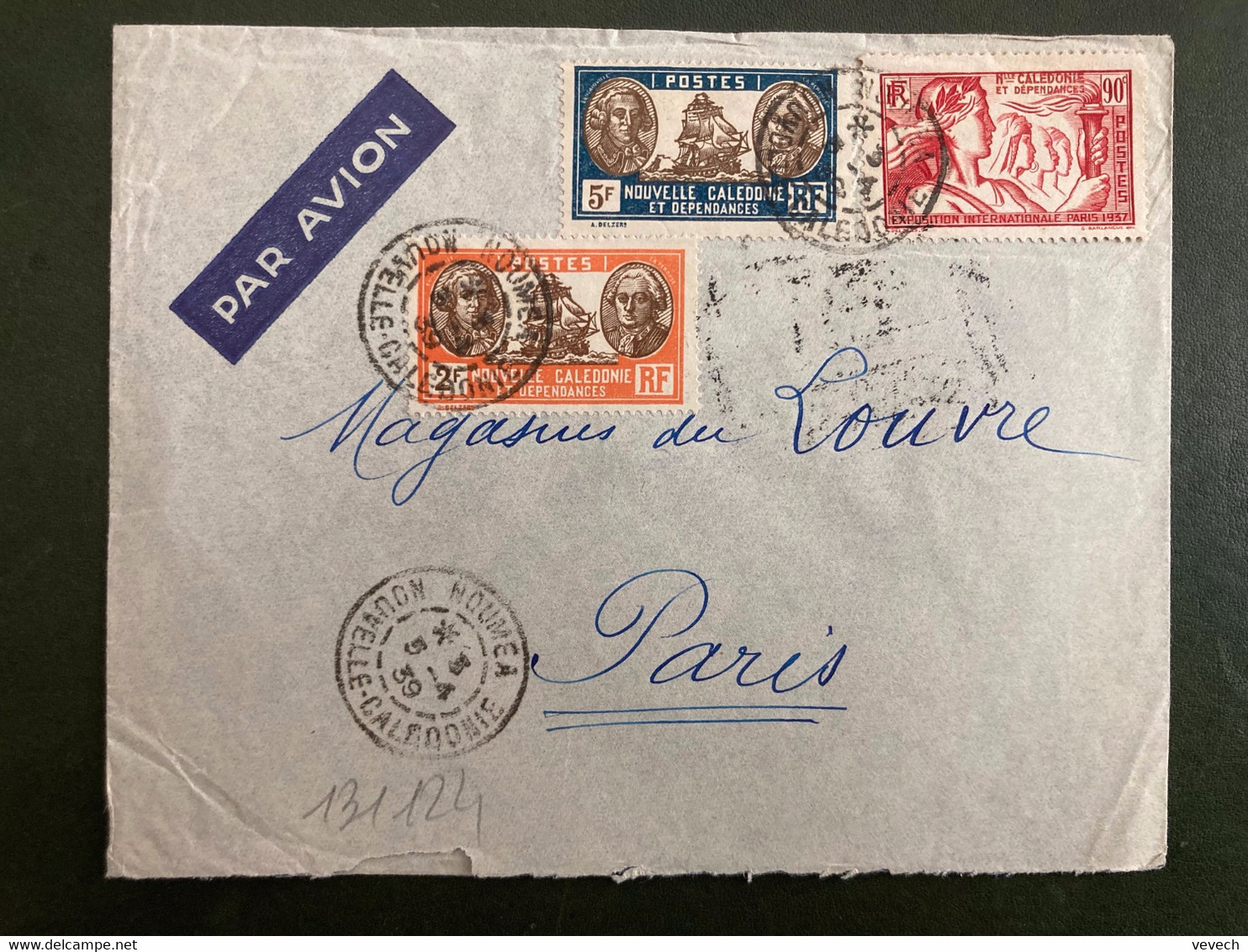 LETTRE Par Avion Pour La FRANCE TP EXPO 1937 90c + VOILIER 5F + VOILIER 2F OBL.5-4 39 NOUMEA - Cartas & Documentos