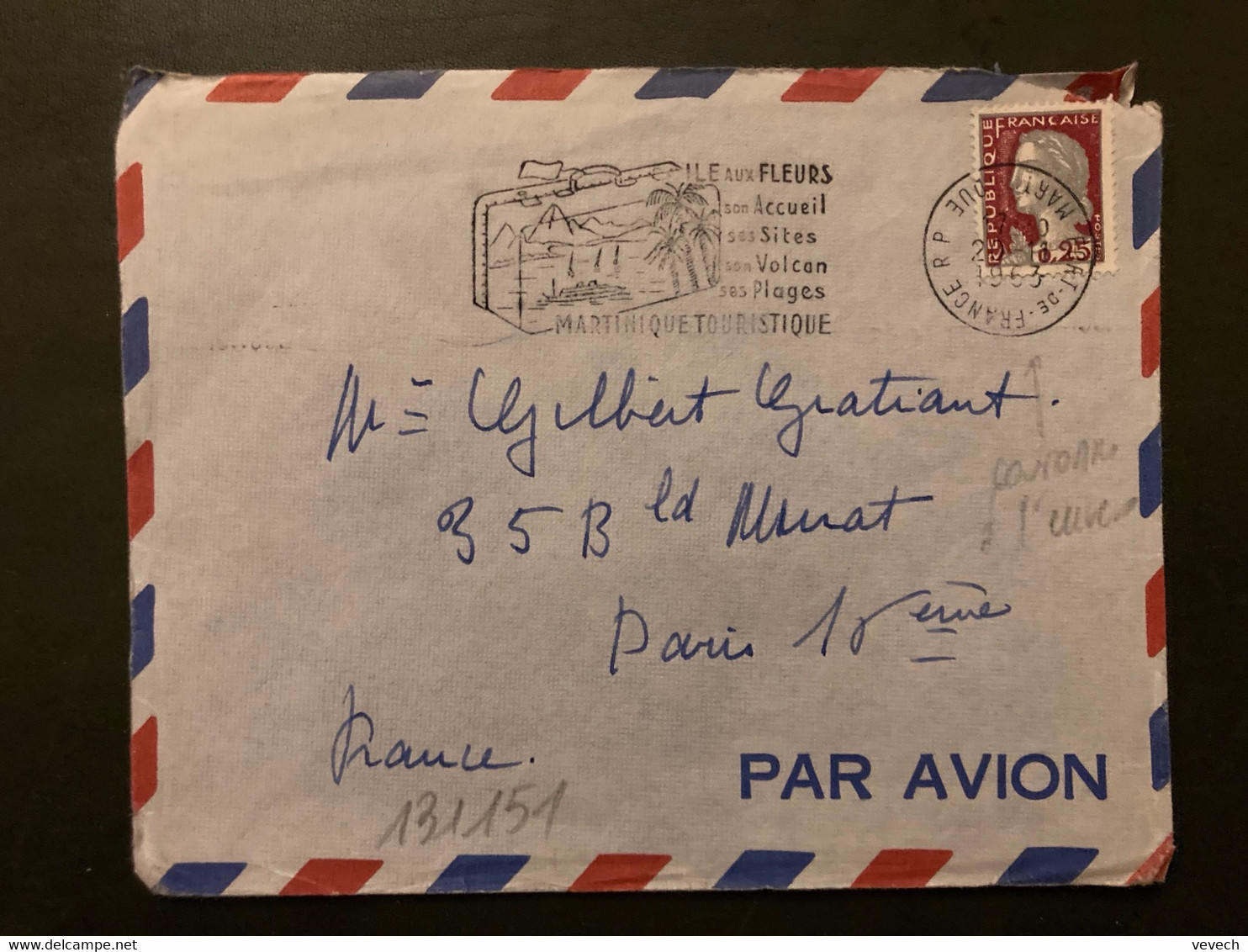 LETTRE M. DE DECARIS 0,25 OBL.MEC. VARIETE 20-11 1963 FORT DE FRANCE RP MARTINIQUE - 1960 Marianne De Decaris