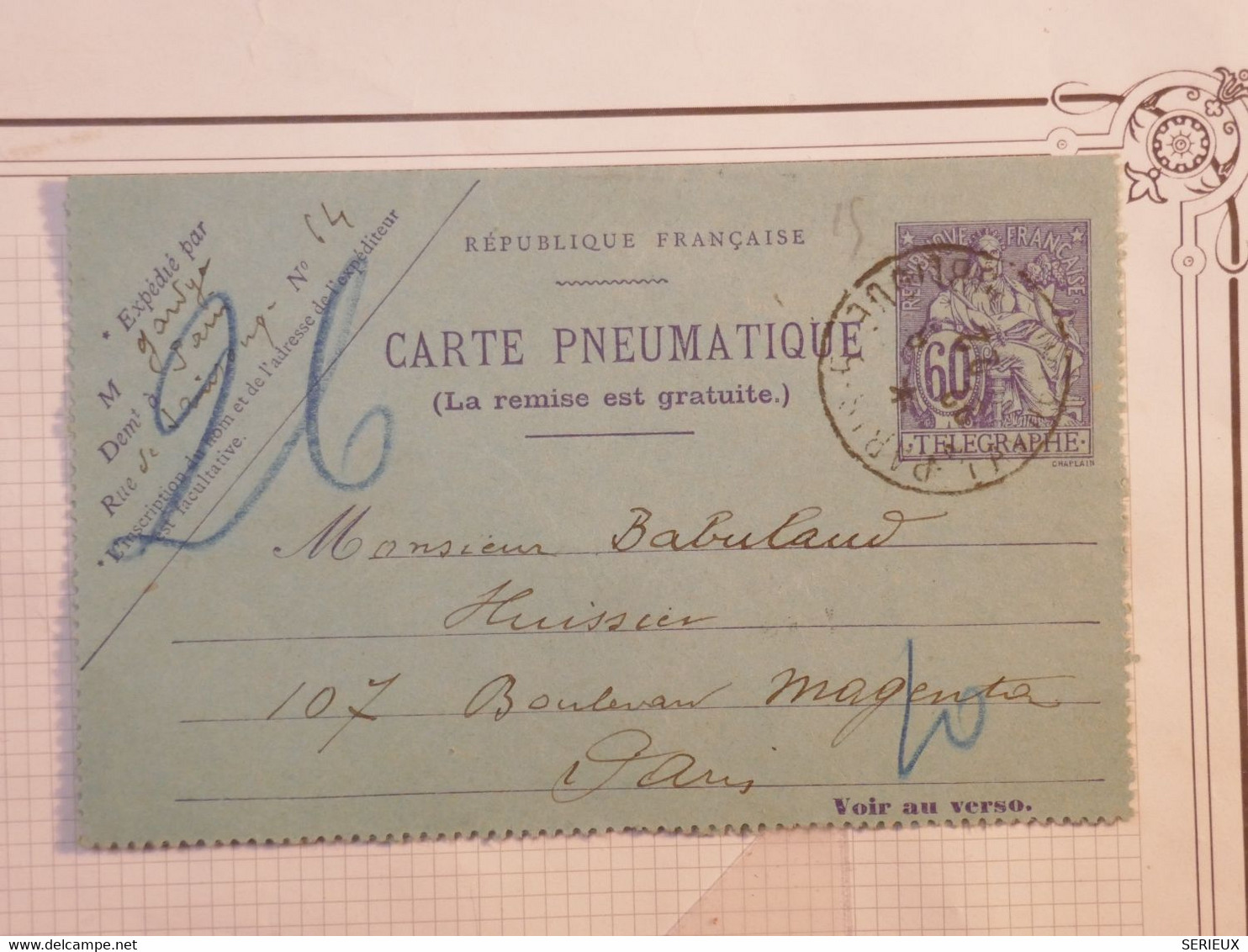 BH1 FRANCE BELLE CARTE  PNEUMATIQUE  60C   1922 PARIS  MAGENTA + +AFFRANCH. INTERESSANT - Pneumatische Post