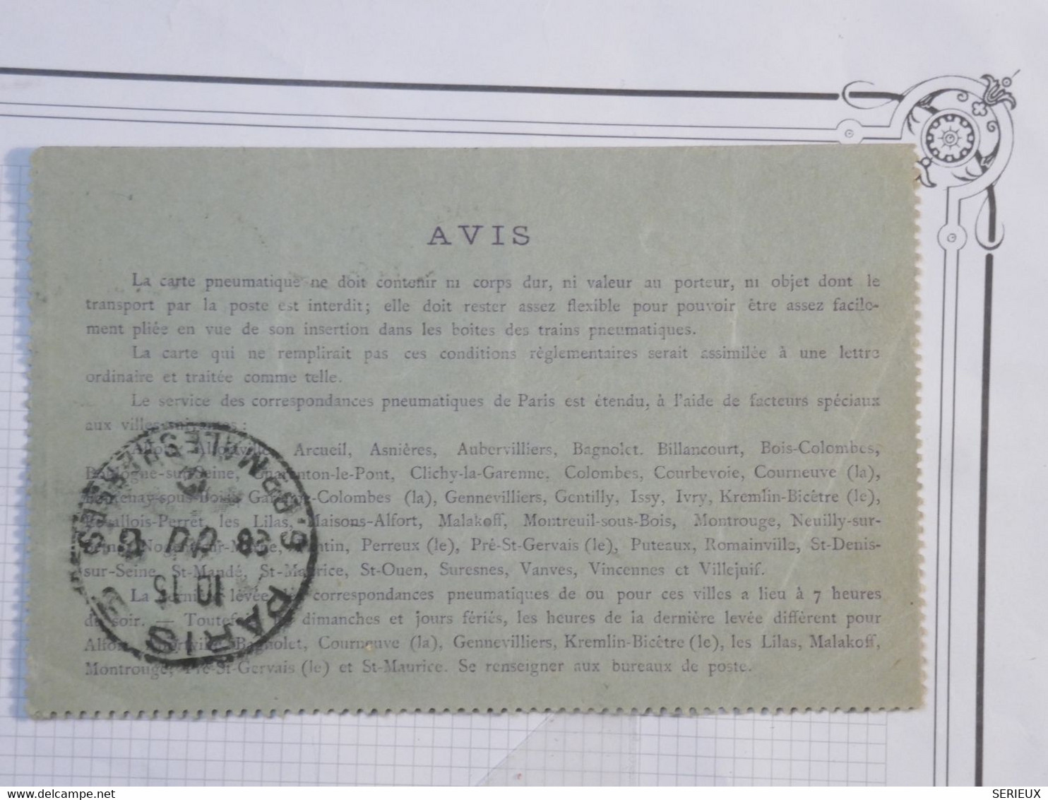 BH1 FRANCE BELLE CARTE PNEUMATIQUE  SEMEUSE 30C   1912 PARIS LAVOISIER + +AFFRANCH. INTERESSANT - Pneumatici