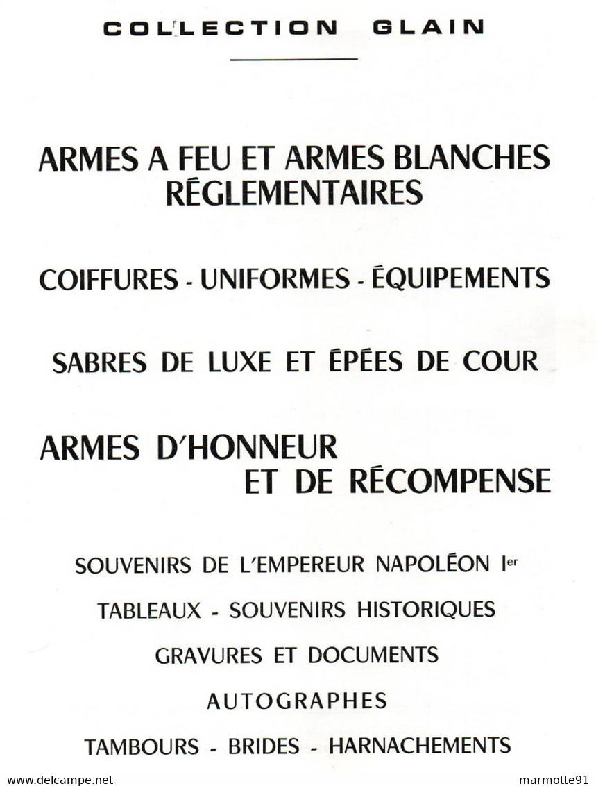 CATALOGUE VENTE COLLECTION GLAIN 1980 ARMES A FEU REGLEMENTAIRES SABRE EPEE COIFFURE UNIFORME SOUVENIRS NAPOLEON - Frankrijk