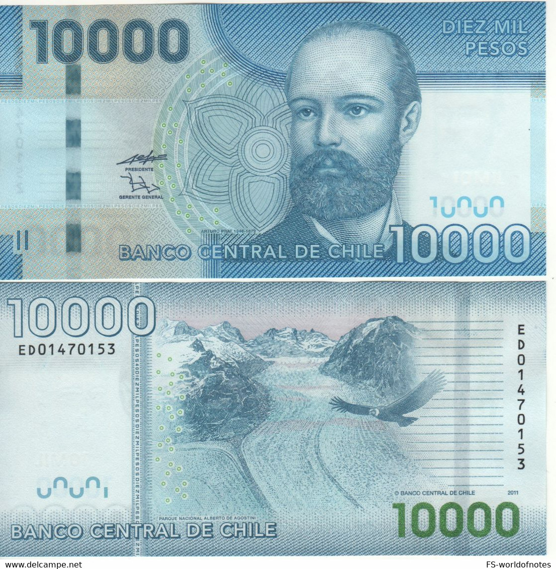 CHILE  10'000  Pesos ,  Paper  P164b  2011  ( Arturo Prat,+ National Park &  Andean Condor At Back ) UNC - Chile