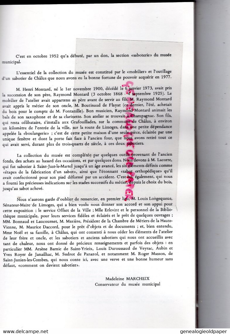 87-  LE SABOTIER DE CHALUS  RAYMOND MONTARD-METIERS DU BOIS-1979-1980- SABOTS-MADELEINE MARCHEIX-MUSEE MUNICIPAL LIMOGES - Limousin
