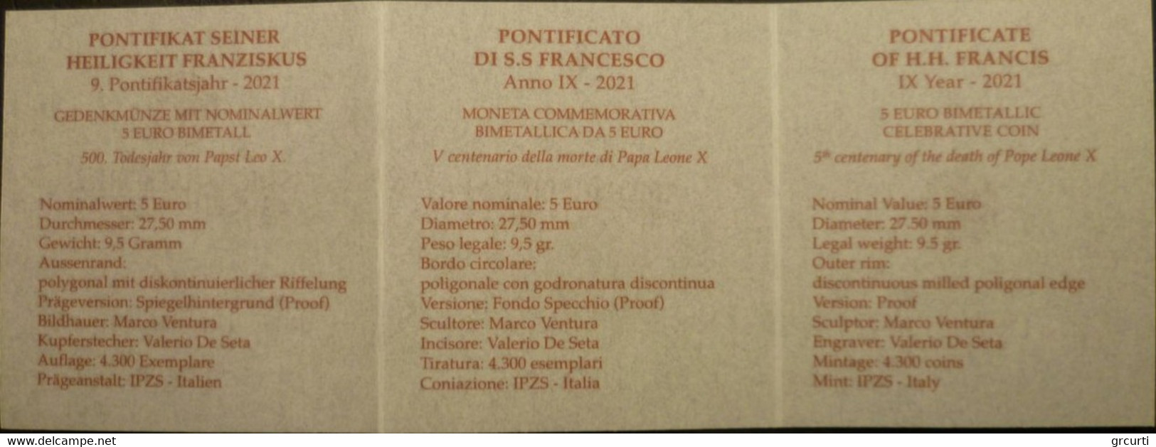Vaticano - 5 Euro 2021 - 5° centenario della morte di Papa Leone X - UC# 242