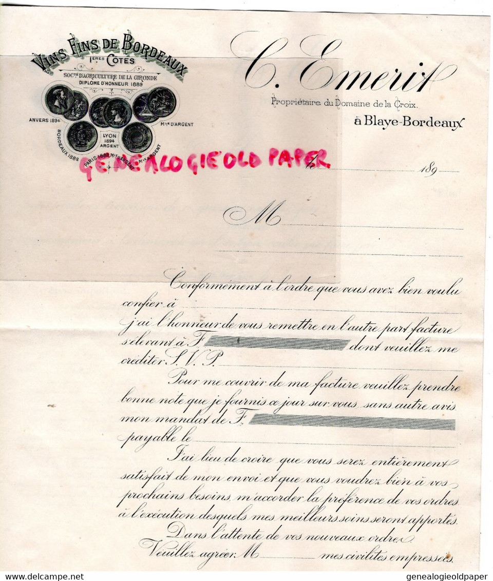 33- BLAYE BORDEAUX- RARE LETTRE C. EMERIT PROPRIETAIRE DU DOMAINE DE LA CROIX 1890- MARCHAND VINS - Lebensmittel