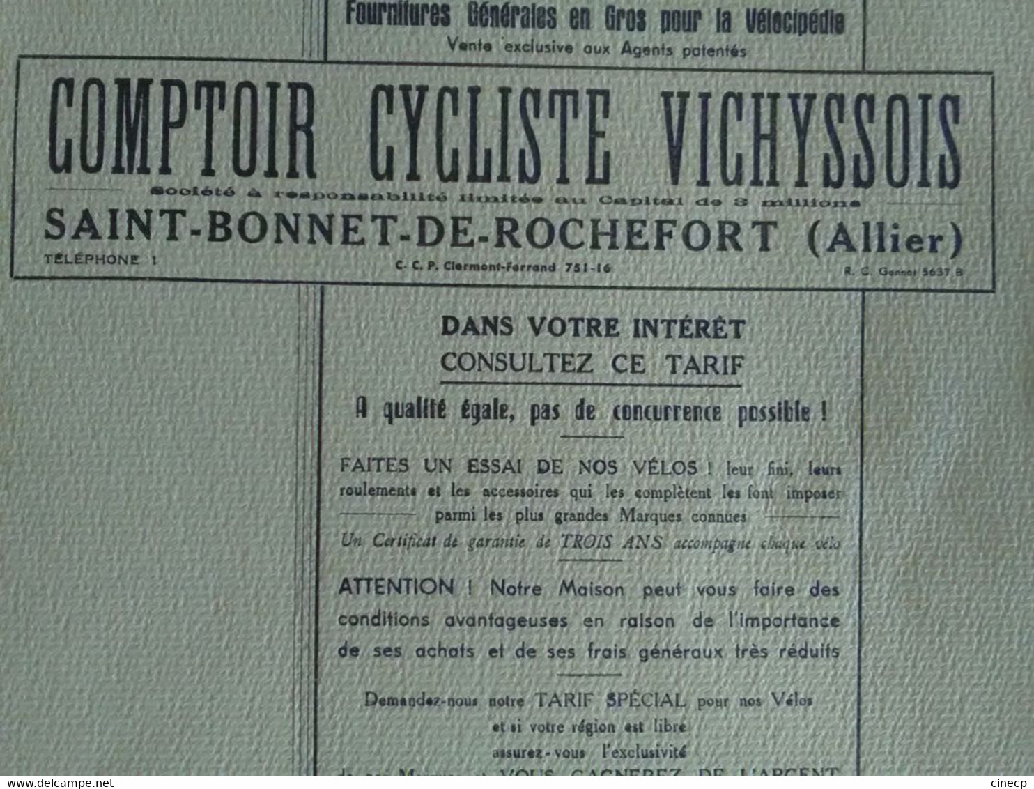 Comptoir Cycliste Vichyssois Prophète Saint Bonnet De Rochefort Allier 1950 Tarif Catalogue Cycle Automobile Vélo 116p - Deportes & Turismo