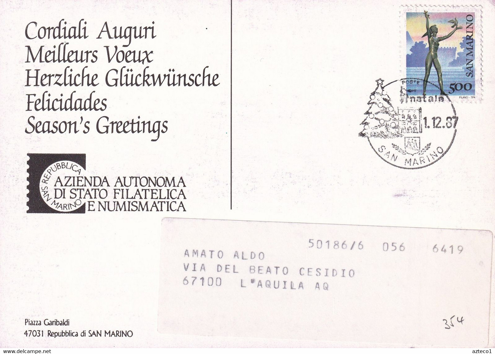 SAN MARINO - CARTOLINA DI AUGURI 1987 DA LIRE 500 - MUSEO ALL'APERTO - Brieven En Documenten