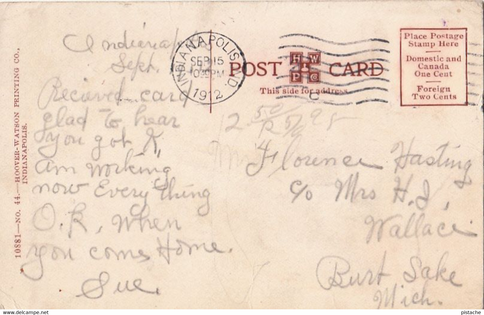 2065 – Indianapolis Indiana – Denison Hotel – Little Animation – Postmark 1912 – By Hoover-Watson No. 44 – 2 Scans - Indianapolis