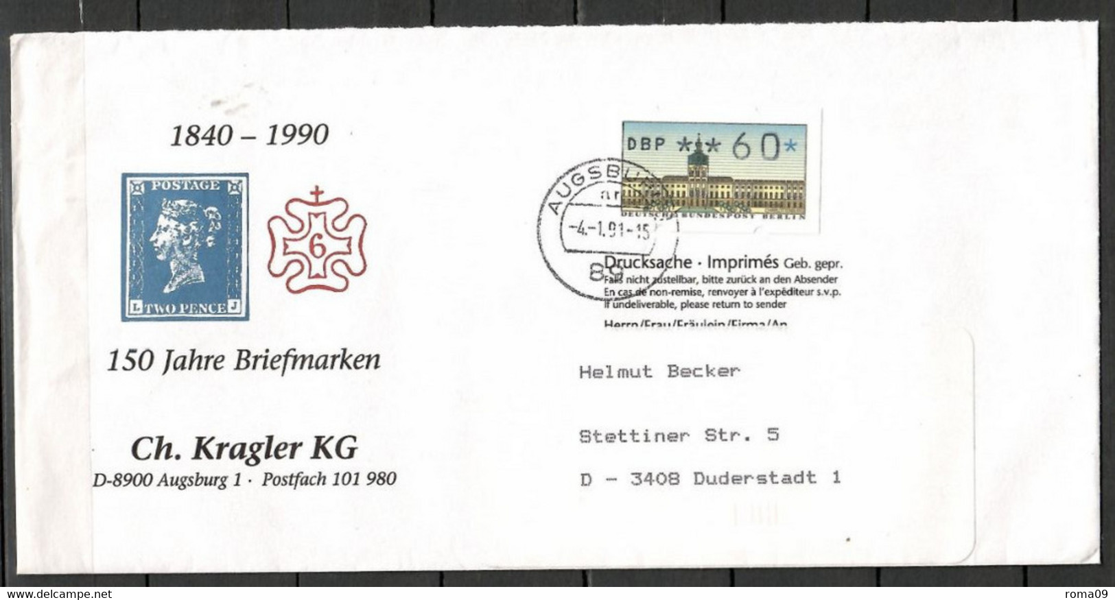 Berlin; ATM: MiNr. 1, Auf Portoger. Drucksache Von Augsburg Nach Duderstadt; F-242 - Machine Labels [ATM]