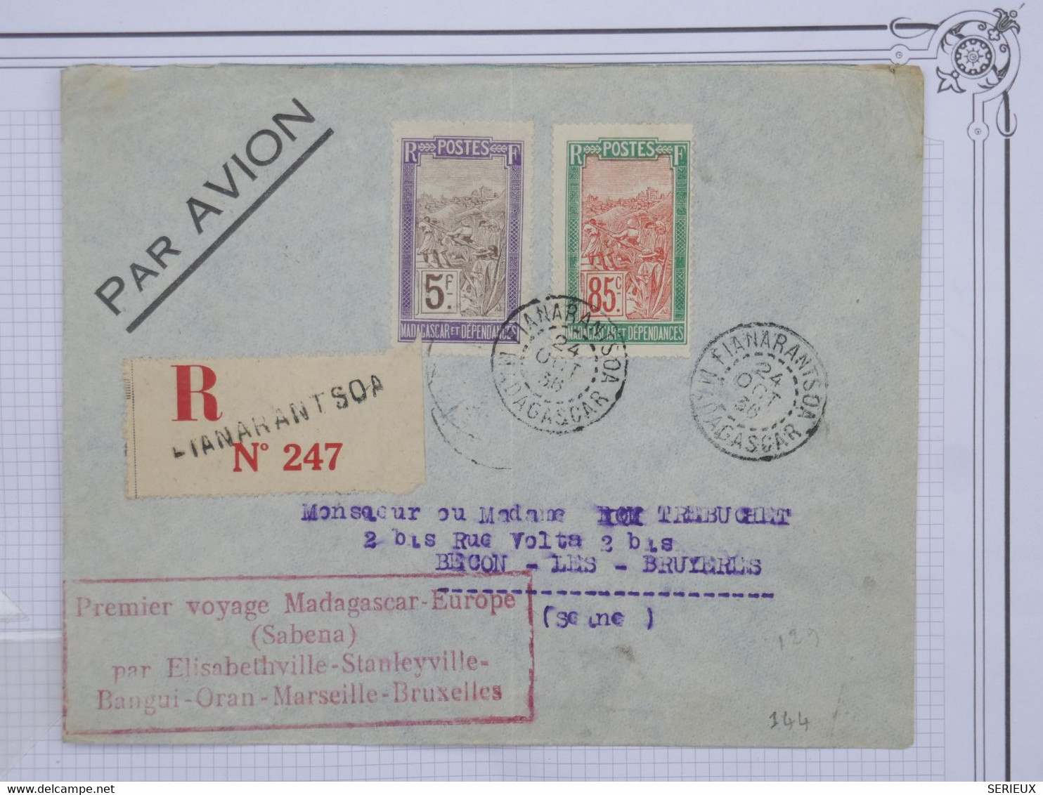 BH6 MADAGASCAR   BELLE LETTRE RRR 1936 1ER VOL TANARANTSOA  A  BECON  FRANCE ++LE 5F N°110 ++AFFRANCH. PLAISANT - Poste Aérienne