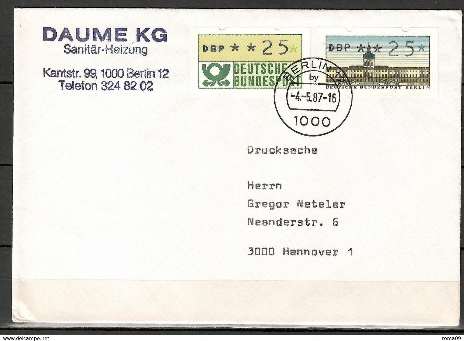 Berlin; ATM (FDC): MiNr. 1 + Bund Nr. 1, Auf Portoger. Drucksache Von Berlin Nach Hannover; F-253 - Machine Labels [ATM]