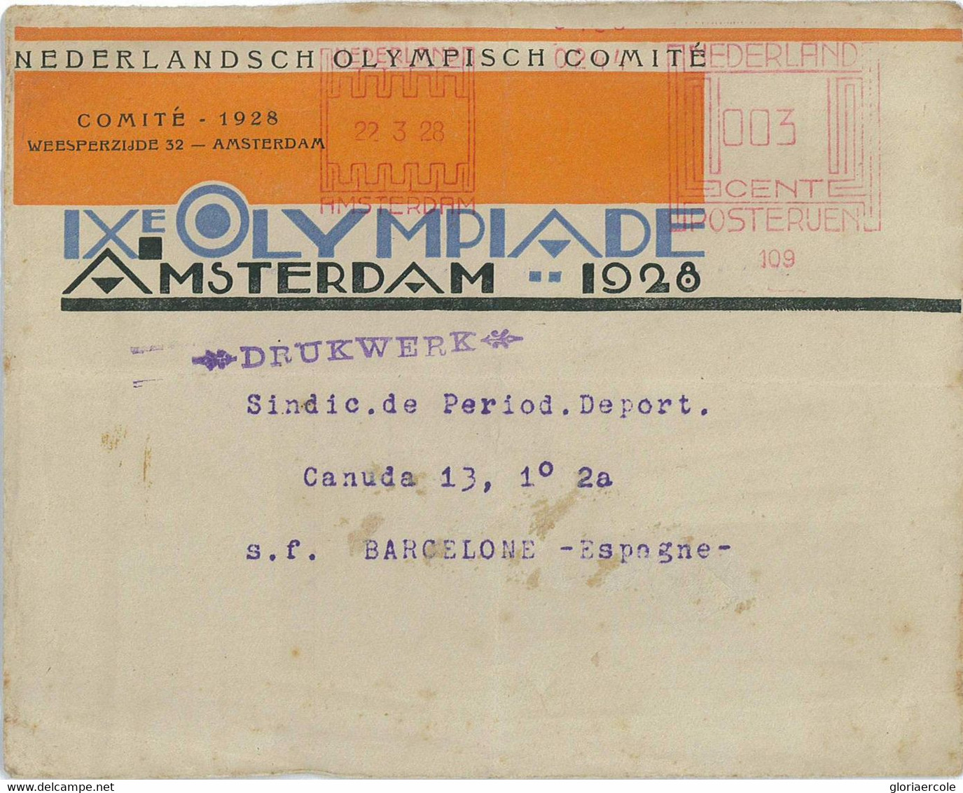 P0411 - NETHERLANDS - POSTAL HISTORY - 1928 Olympic Games Committee COVER Rare! - Sommer 1928: Amsterdam