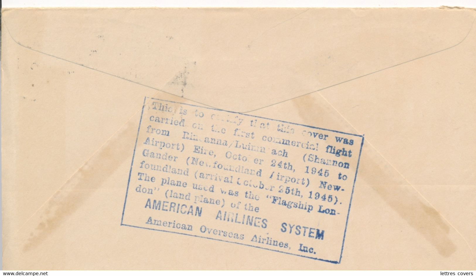 EIRE FFC SHANNON To GANDER NEW FOUNDLAND - LUIMNEACH 25/10/1945 - AMERICAN AIR LINES OVERSEAS - Briefe U. Dokumente