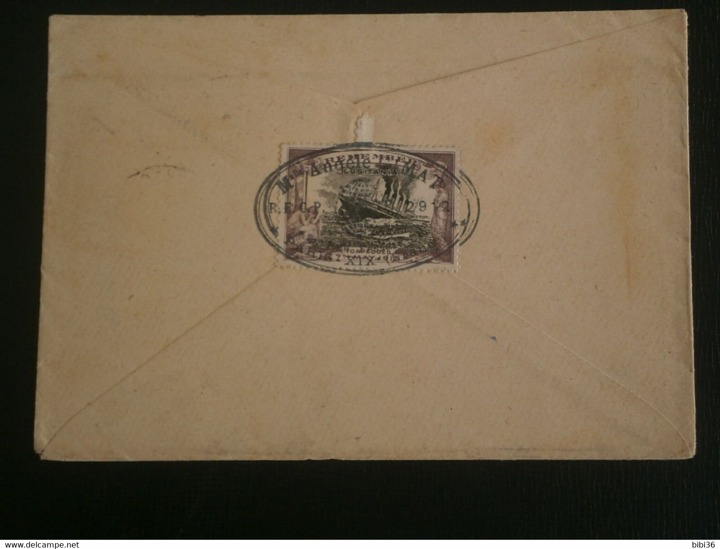 FRANCE LETTRE ENVELOPPE COURRIER VIGNETTE RMS LUSITANIA PAQUEBOT NAVIRE TORPILLE GUERRE NAUVRAGE ACCIDENT SEMEUSE 137 - Cartas & Documentos