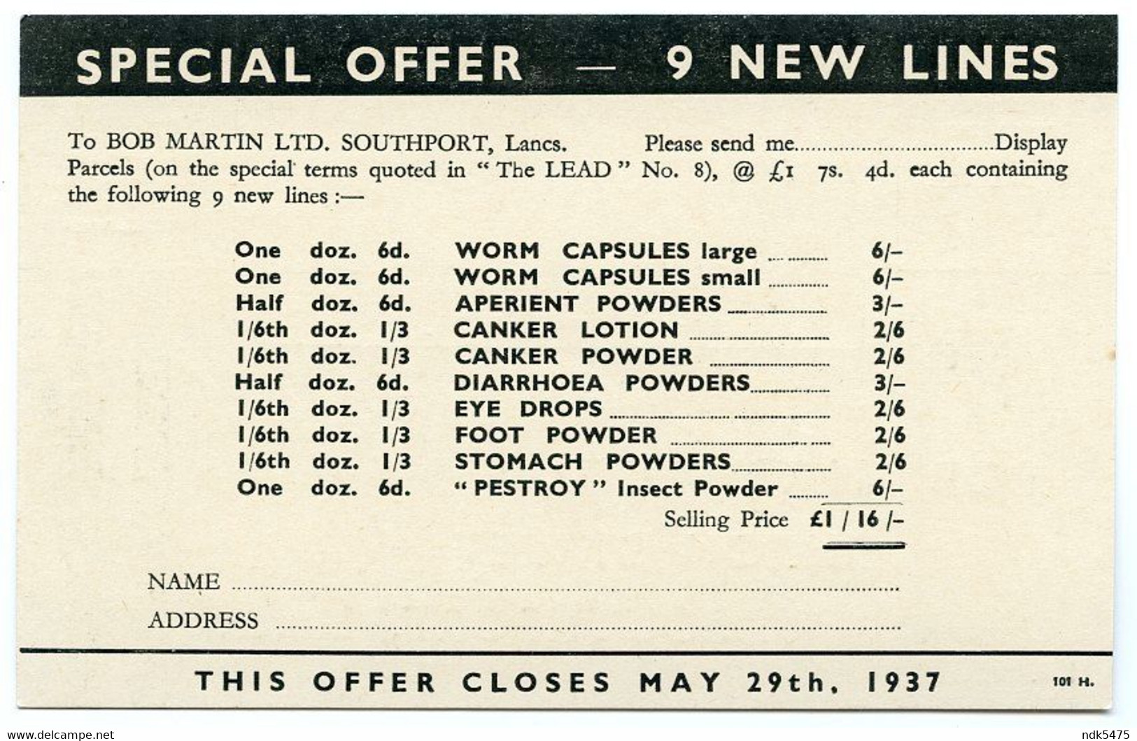 SOUTHPORT : BOB MARTIN, UNION STREET - SPECIAL OFFER, 1937 (ADVERTISING - BUSINESS REPLY CARD) - Southport