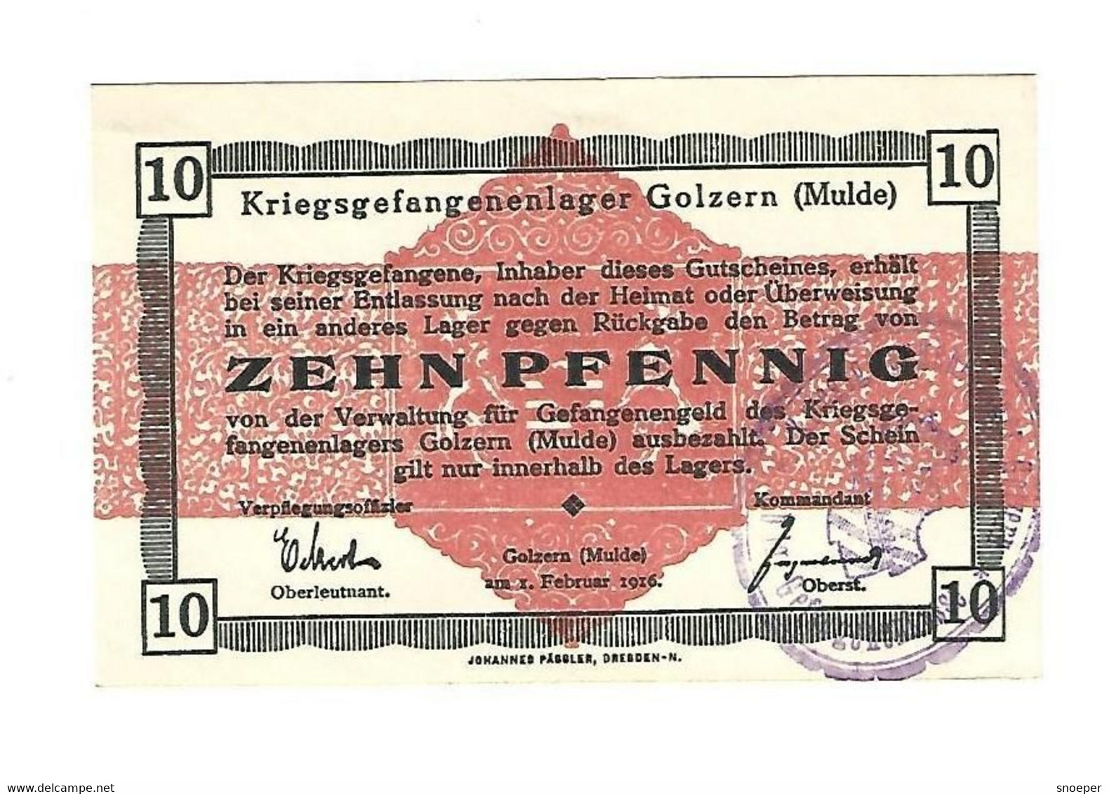 *germany Kriegsgefangenen Lager Golzern(mulde)  10 Pfennig     05.04b Unc - Autres & Non Classés