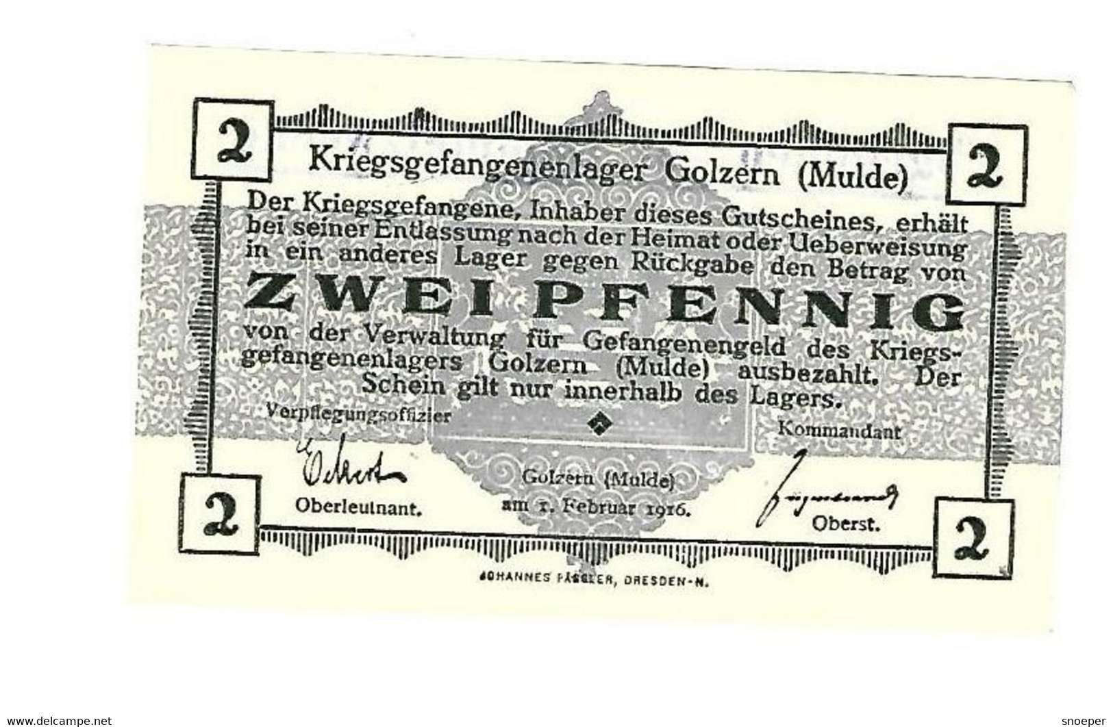 *germany Kriegsgefangenen Lager Golzern(mulde)  2 Pfennig     05.11  Unc - Sonstige & Ohne Zuordnung