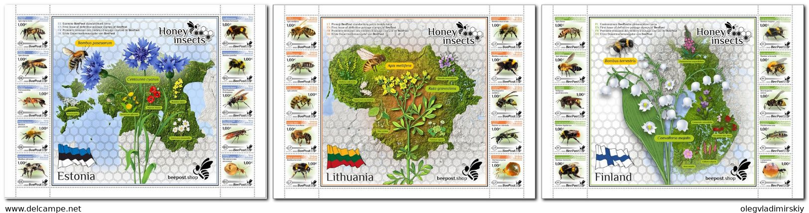 Estonia Lithuania Finland 2022 Honey Insects BeePost Full Complete Of 3 Blocks Of 10 Stamps Mint - Ongebruikt