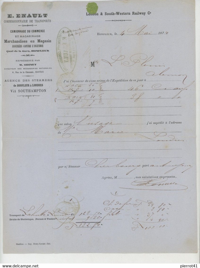 Dépt. 14 - HONFLEUR - Correspondance De 1874 Des AFFRETEMENTS CONSIGNATIONS E. ÉNAULT COMMISSIONNAIRE DE TRANSPORTS - ... - 1799