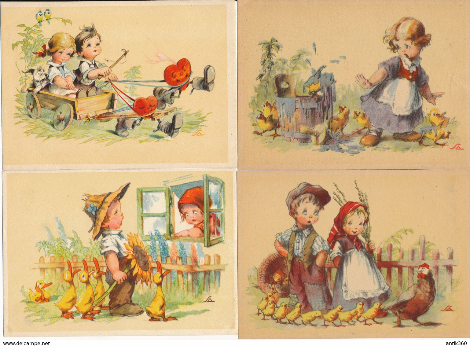 CPA ENFANTS - Lot De 4 Cartes Scènes Enfantines Humoristiques à La Ferme - Illustrateur SA - Poussins Canards Chiot - Collections, Lots & Séries