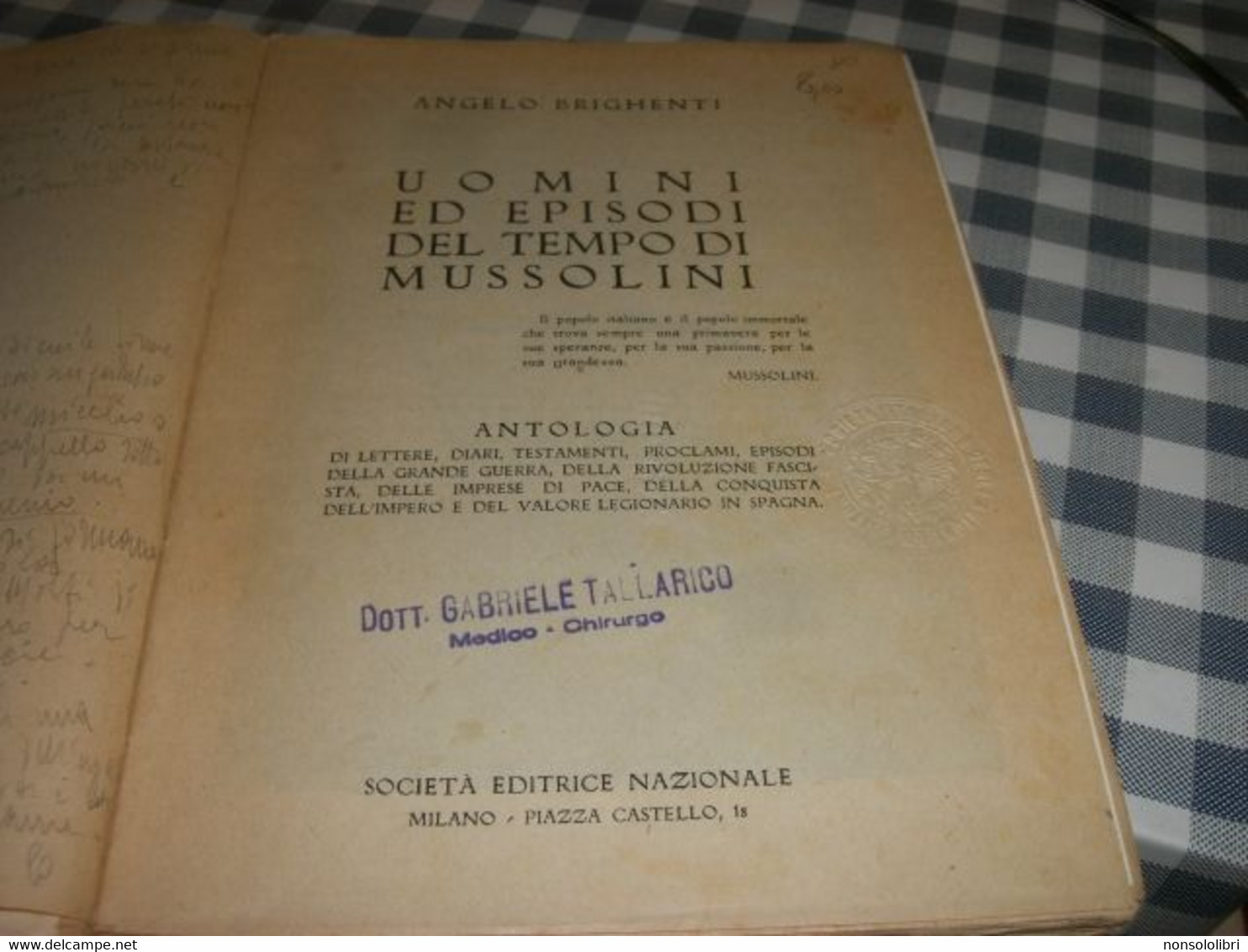 LIBRO UOMINI ED EPISODI DEL TEMPO DI MUSSOLINI -ANGELO BRIGHENTI -SEI EDITOREI 1938 - Maatschappij, Politiek, Economie