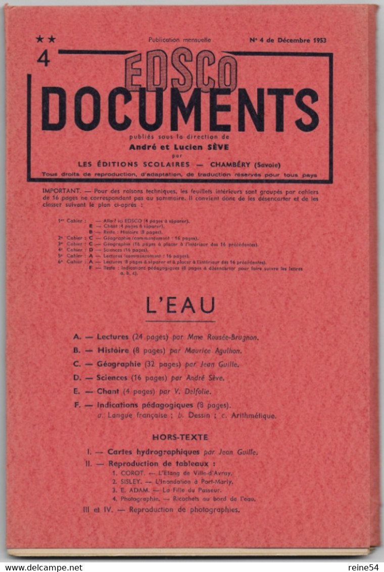 EDSCO DOCUMENTS - L'EAU - Pochette N°4 De Octobre 1953 --support Enseignants- Les Editions Scolaires - Didactische Kaarten