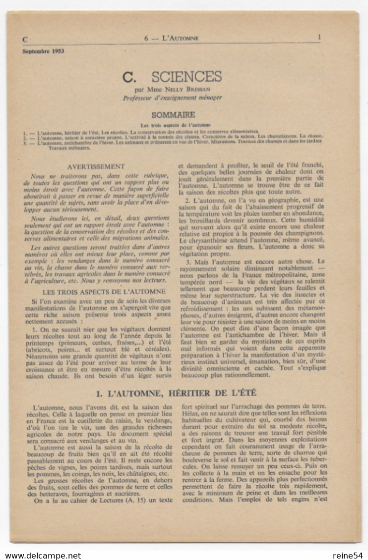 EDSCO DOCUMENTS - L'AUTOMNE- Pochette N°6 Du N°1 Sept 1953 - - Support Enseignants- Les Editions Scolaires - Didactische Kaarten