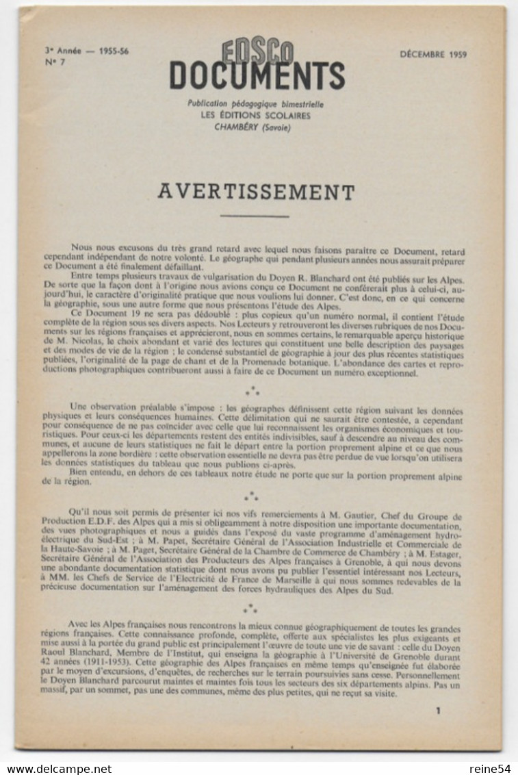 EDSCO DOCUMENTS- LES ALPES France-Pochette 3e Année- N°19 Déc.1959- -support Enseignants-Les Editions Scolaires - Fichas Didácticas