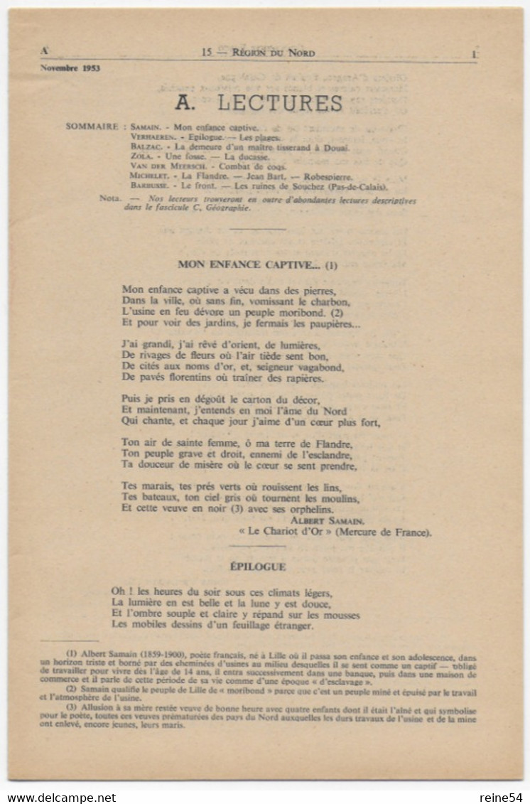 EDSCO DOCUMENTS- REGION DU NORD -France-n° 3 De Novembre 1953-Pochette N°15 -support Enseignants-Les Editions Scolaires - Fichas Didácticas