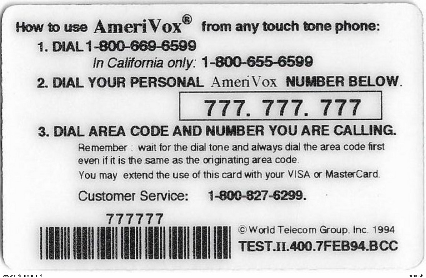 USA - AmeriVox - Nyson II - Eagle & Roman Temple (Test), Remote Mem. 07.02.1994, 5$, 400ex, Used - Amerivox