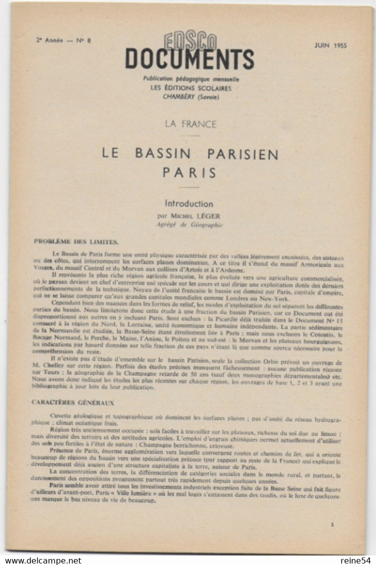 EDSCO DOCUMENTS- - LE BASSIN PARISIEN -PARIS -n° 7 De Mai 1955 -Pochette N°16 Support Enseignants-Les Editions Scolaires - Didactische Kaarten