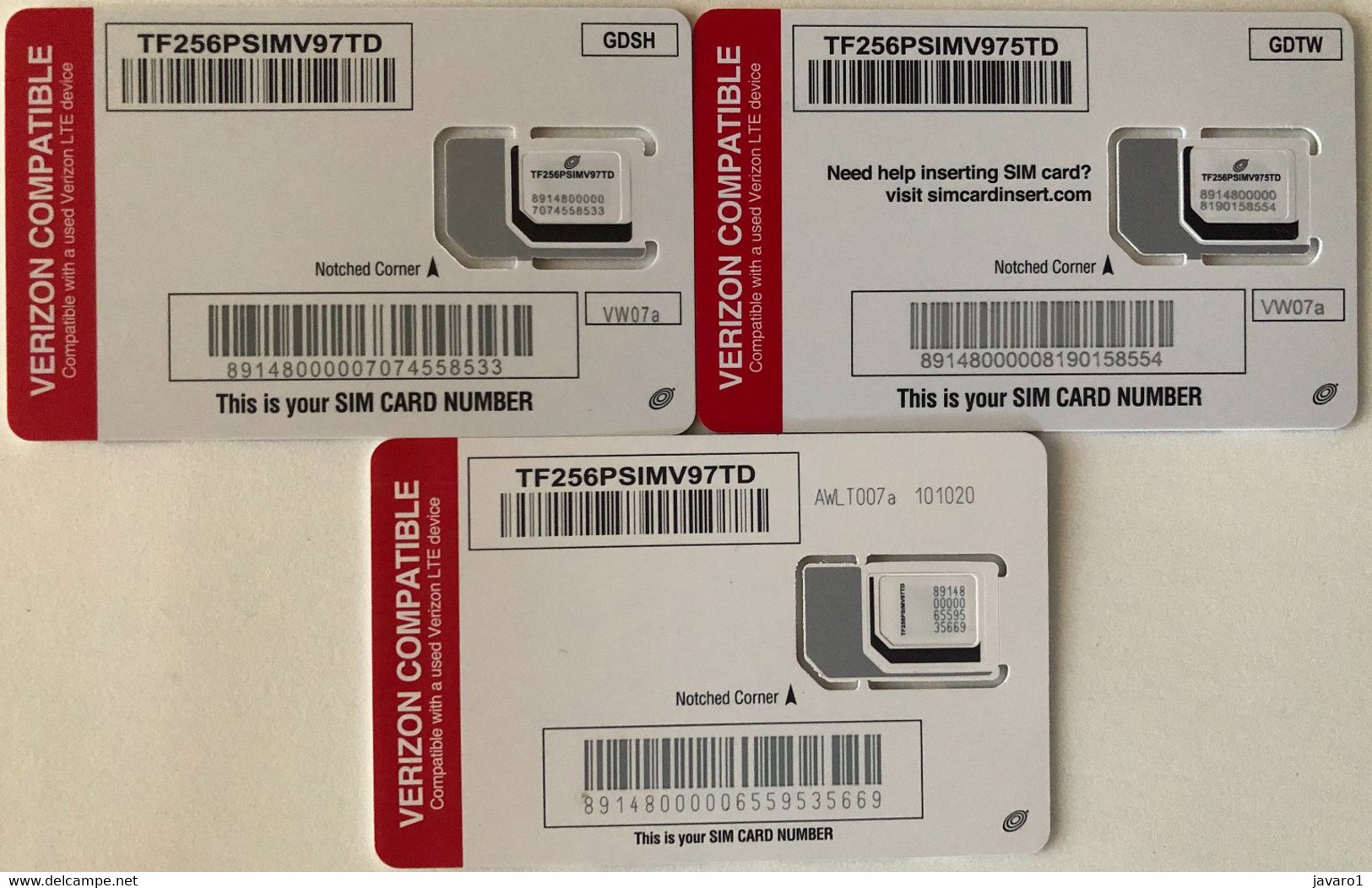 USA : GSM  SIM CARD  : 3 DIFFERENT VERIZON Cards  A Pictured (see Description)   MINT ( LOT J ) - [2] Chip Cards