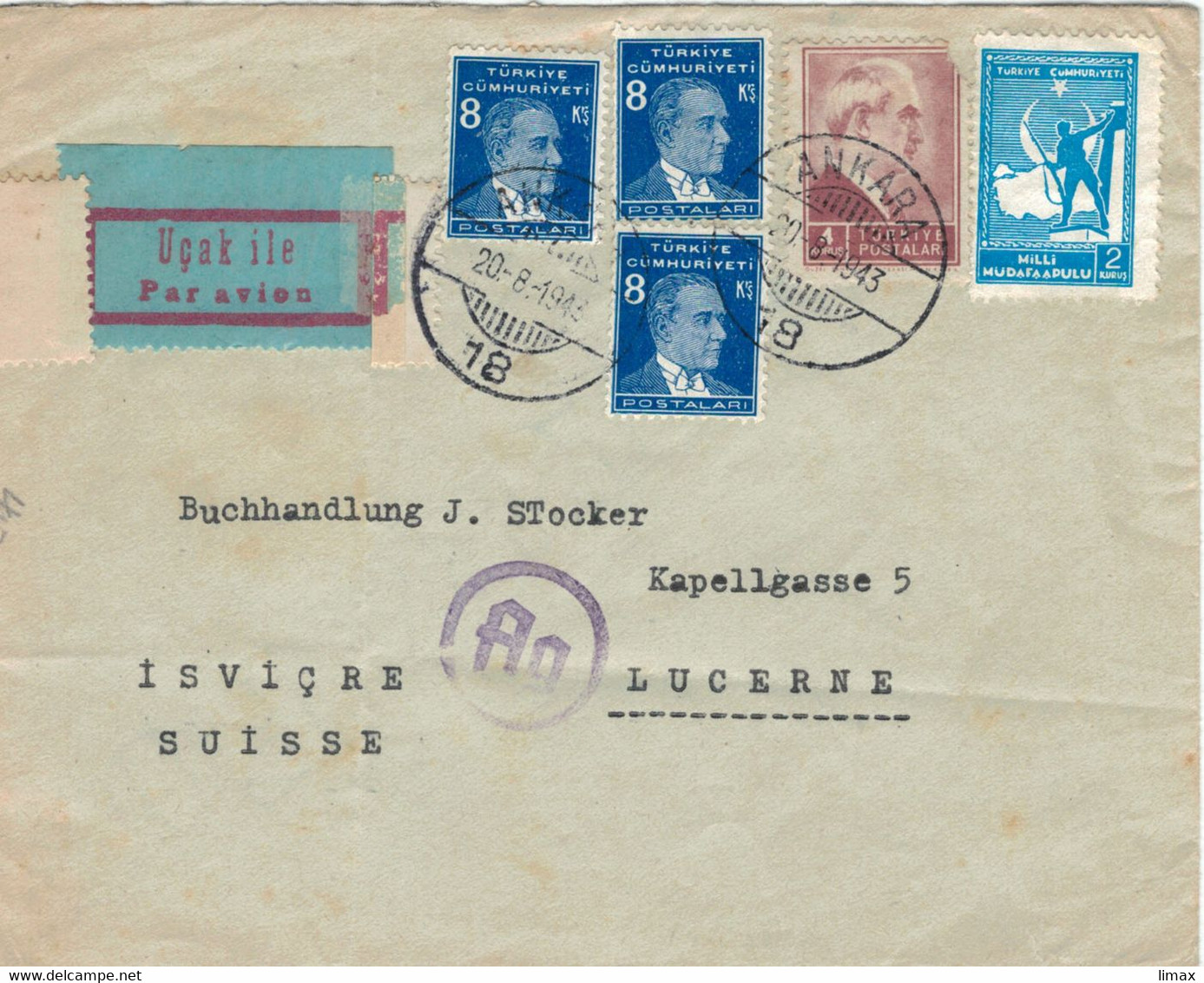 Ankara 1943 > Luzern - Atatürk Zensur Ag - Rs: Via Wien - Covers & Documents