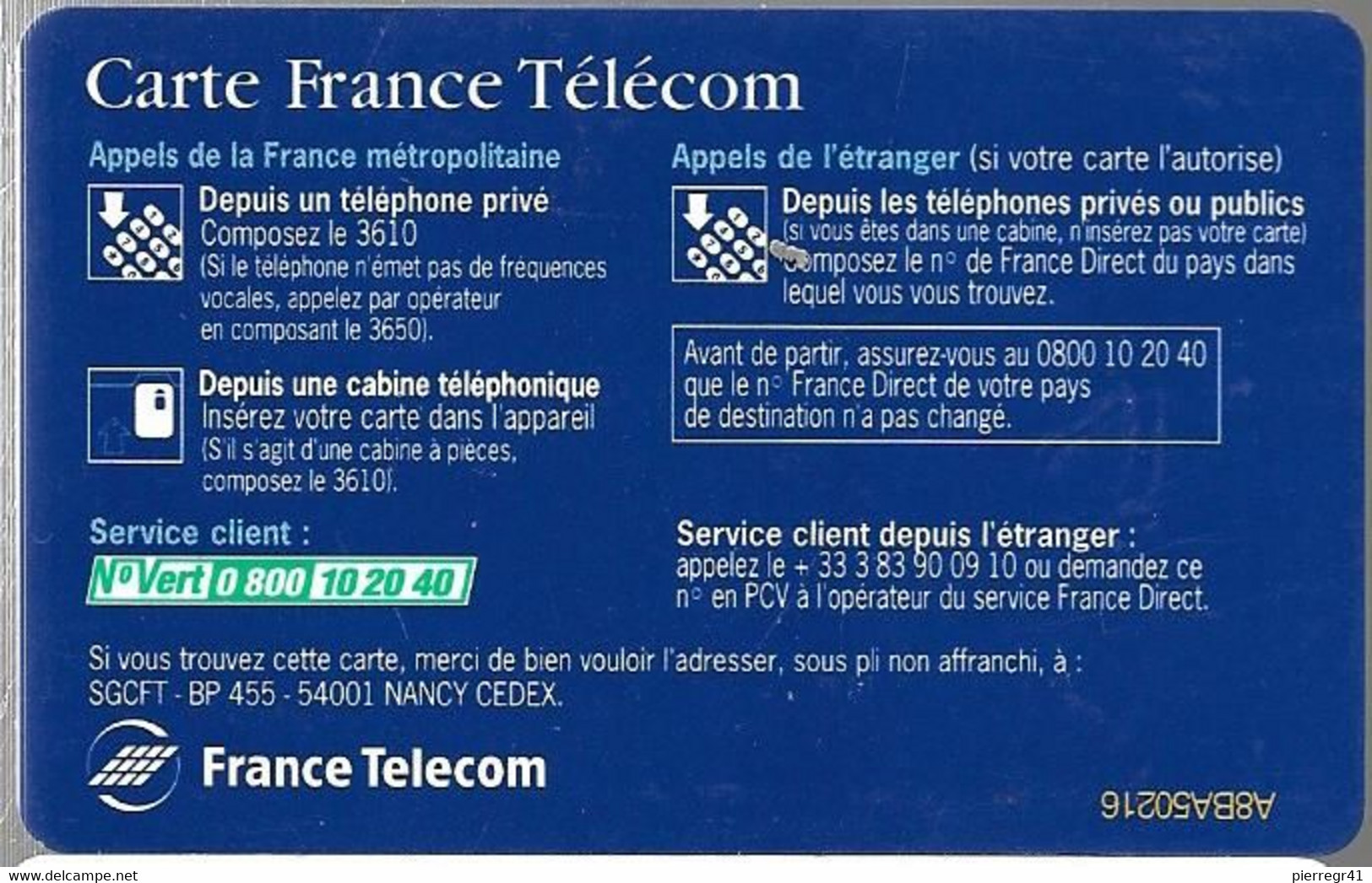 1-CARTE FRANCE TELECOM-PUCE SOL C-NATIONALE-SANS DATE-V°N°Vert En Bas A Gauche-TBE - Pastel Cards