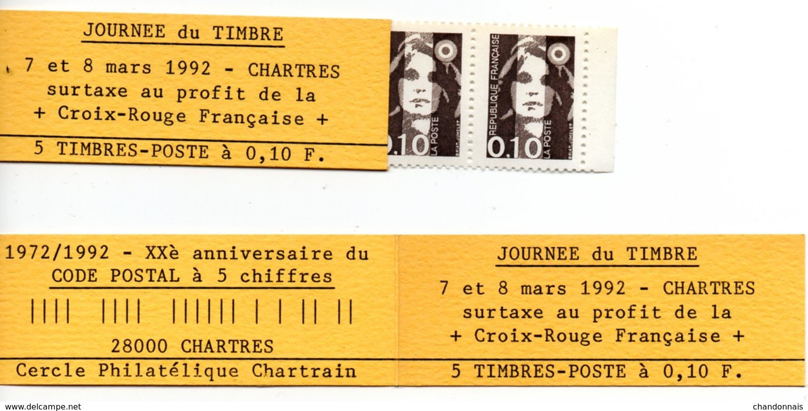 (L198) Marianne De Briat 0,10 (x 5 Exemplaires) Carnet Souvenir Chartres  20 Ans Du Code Postal (1992) - Other & Unclassified