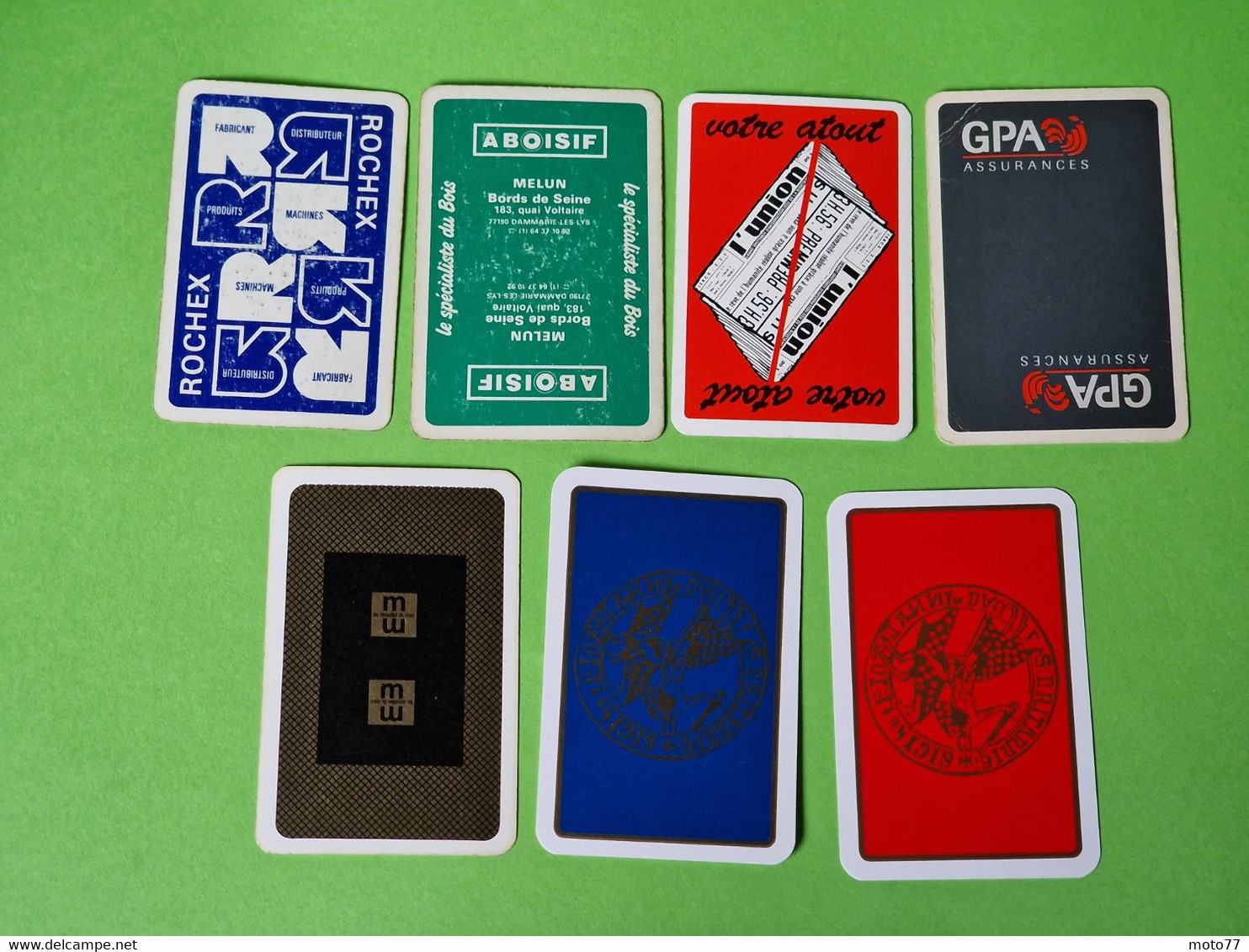 Lot 7 Cartes à Jouer - AS De TRÈFLE - Dos Bleu,Rouge - Pub L'UNION Reims, ABOISIF, GPA, M&M, ROCHEX - Vers 1990/2000 - 32 Cards