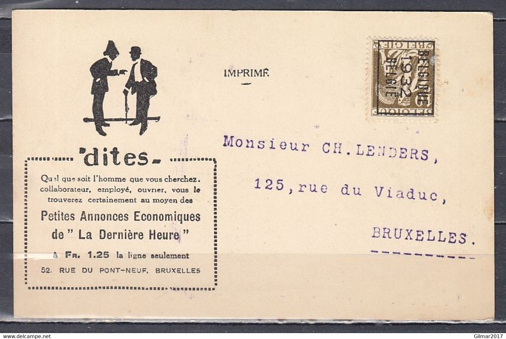 Kaart Met Typografische Afstempeling Belgique 1932 Belgie Naar Bruxelles - Typos 1932-36 (Cérès Et Mercure)