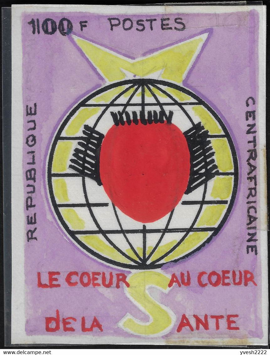 Centrafrique 1972 Y&T 165. 12 esquisses et dessins originaux. Année internationale du cœur, de l'OMS