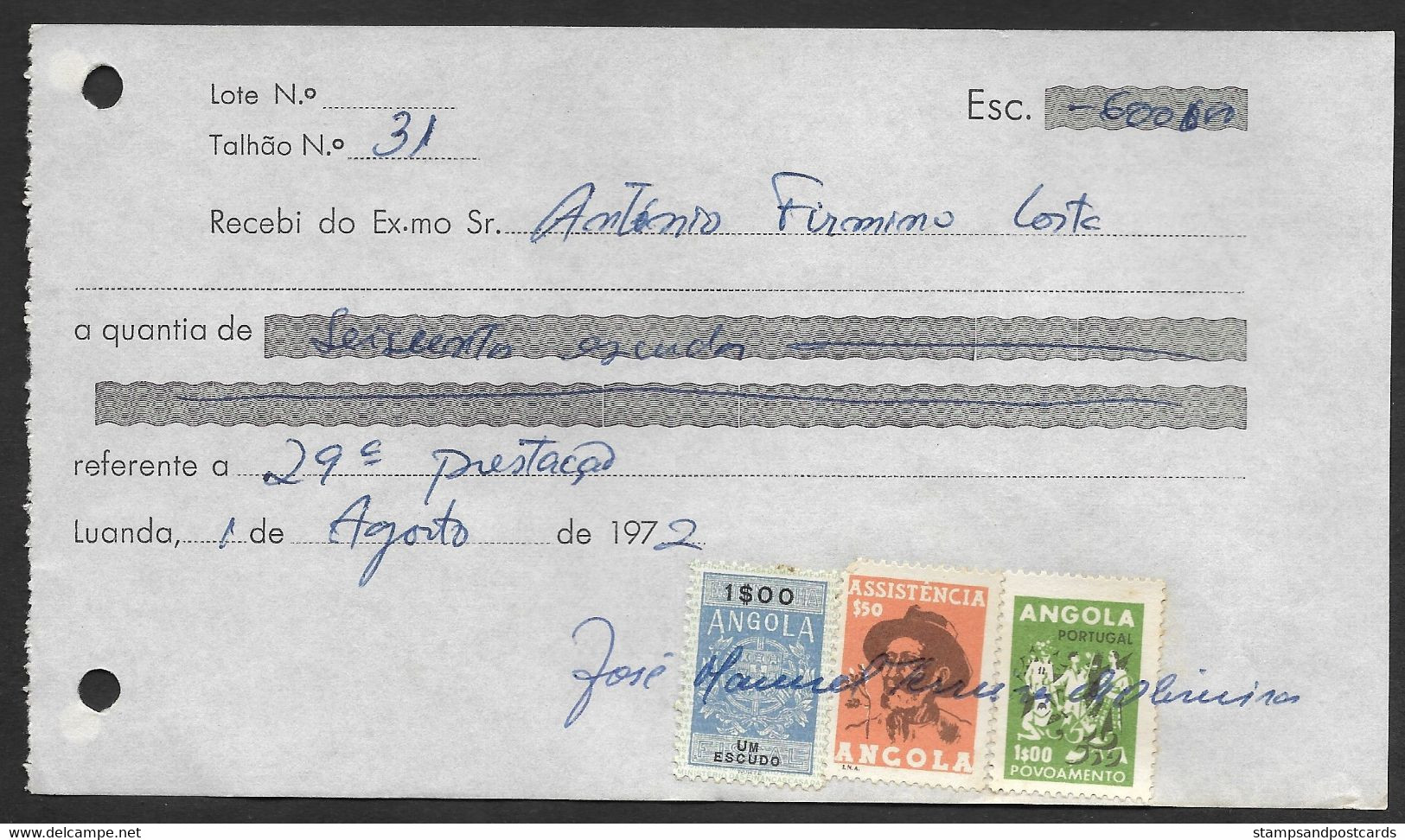 Angola Portugal Reçu 1972 Timbre Fiscal + Assistência + Povoamento Receipt W/ Revenue Stamp - Covers & Documents